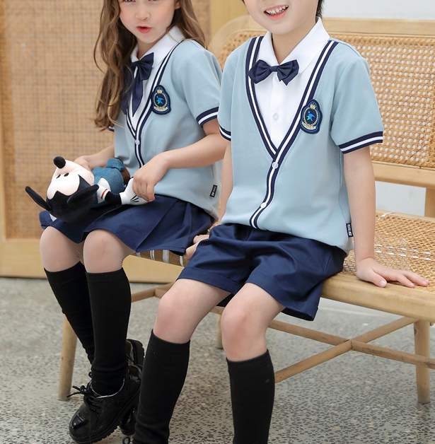 Children 2 Pieces Kindergrand Light Blue School Uniform Short Sleeve Shirt And Pleated Skirt Shorts
