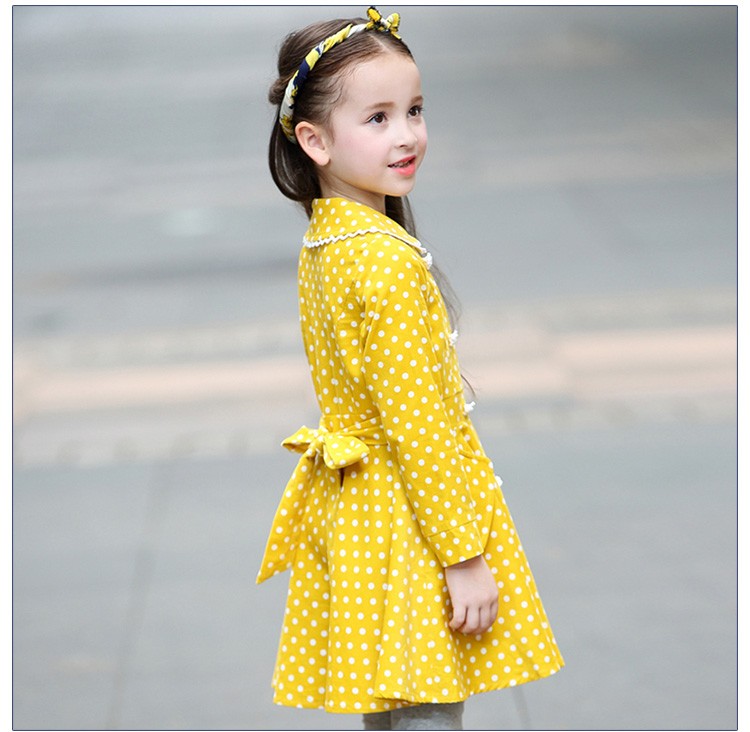 Custom Design Yellow Cute Double Breasted Little Girls' Polka Dots A-line Dress