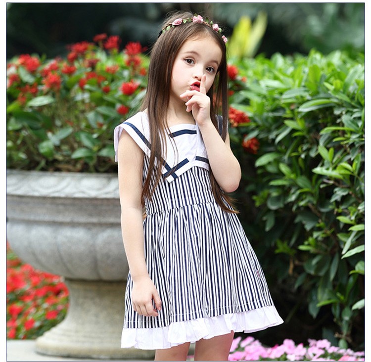 Summer Little Girls Sleeveless A-line Striped Dresses with Unique And Elegant Collar Design 