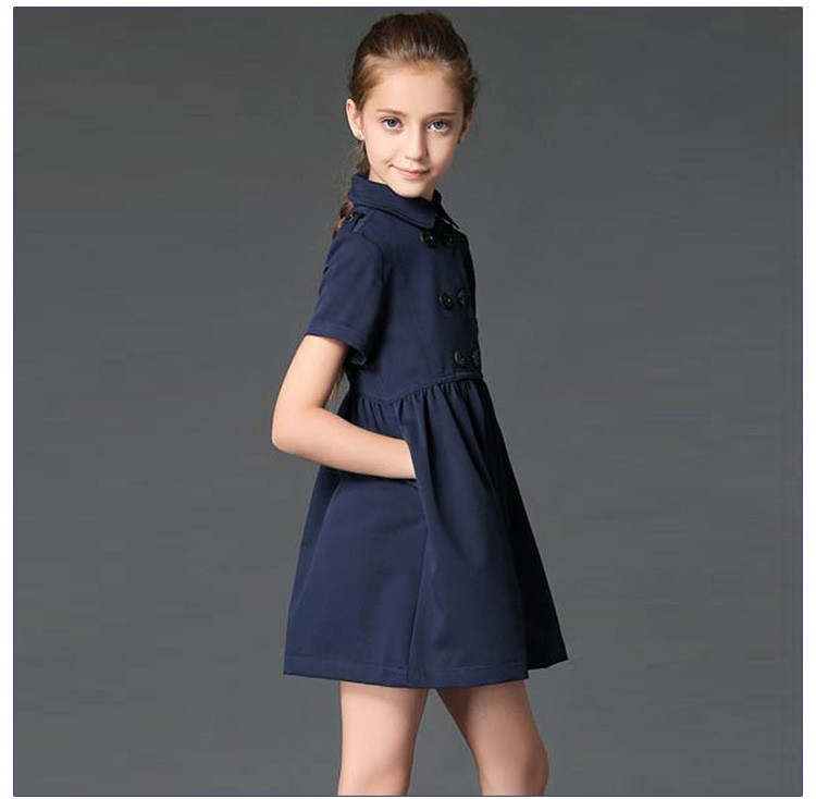 Spring Solid Color Short Sleeve Double Breasted A-line Girls Dress with Collar