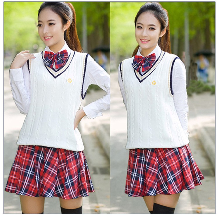 Autumn School Girls Uniform Sweater Vest Suit And Plaid Skirt