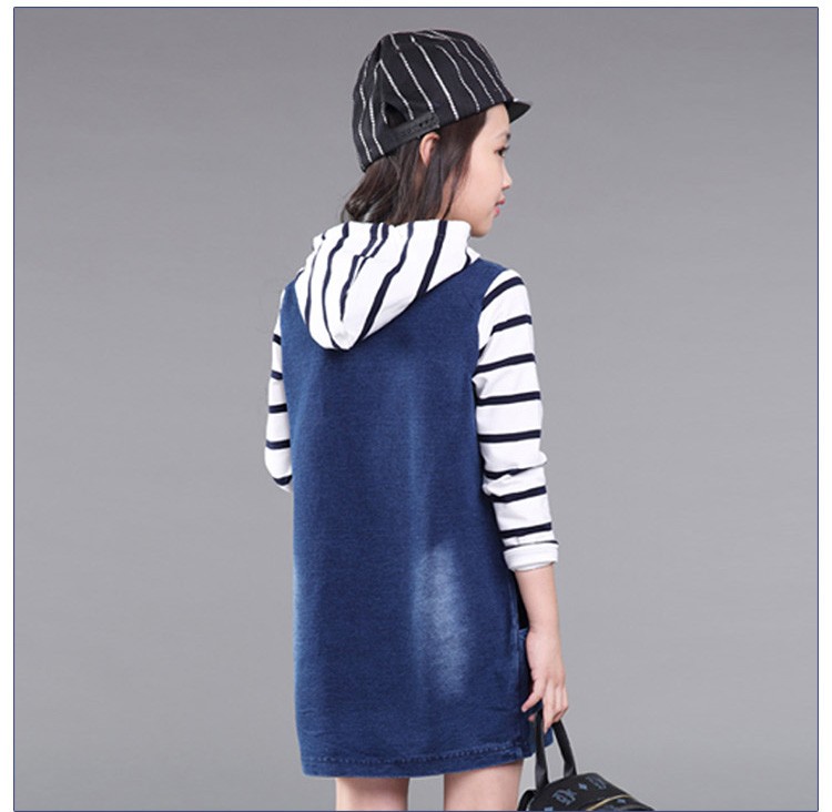 Custom Design Long Sleeve Printing Girls Striped Denim Striped Dress with Hat