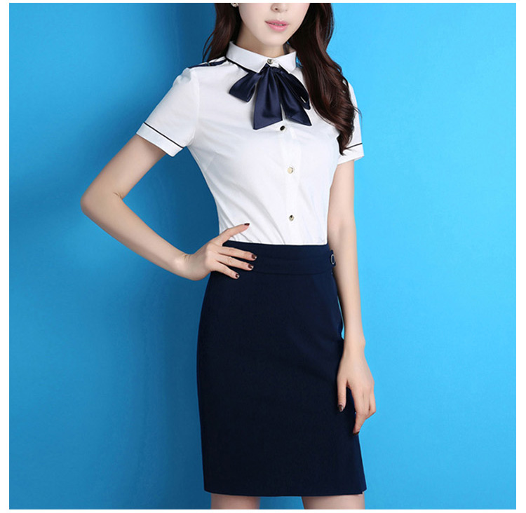 Custom Design Office Lady Short Sleeve Single Breasted White Shirt And Dark Blue Skirt