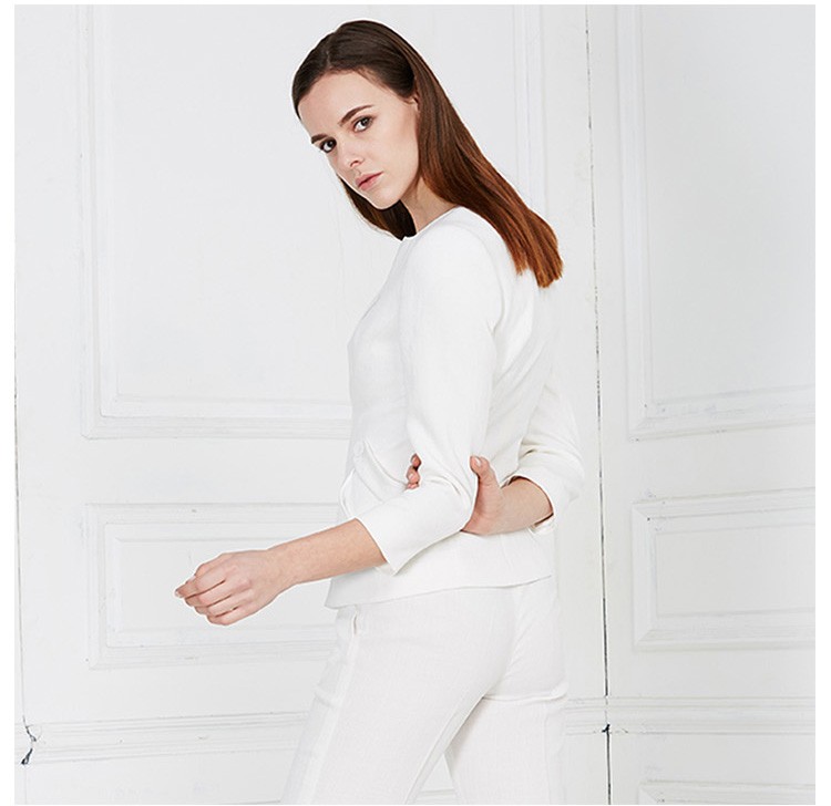 Unique Design V-neck Long Sleeves Women White Suit Set with Pocket