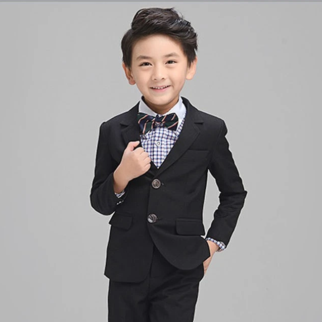 Custom Design Formal Evening Meeting Black Little Boys Single Breasted Long Sleeve Blazer Suit with Bow Tie